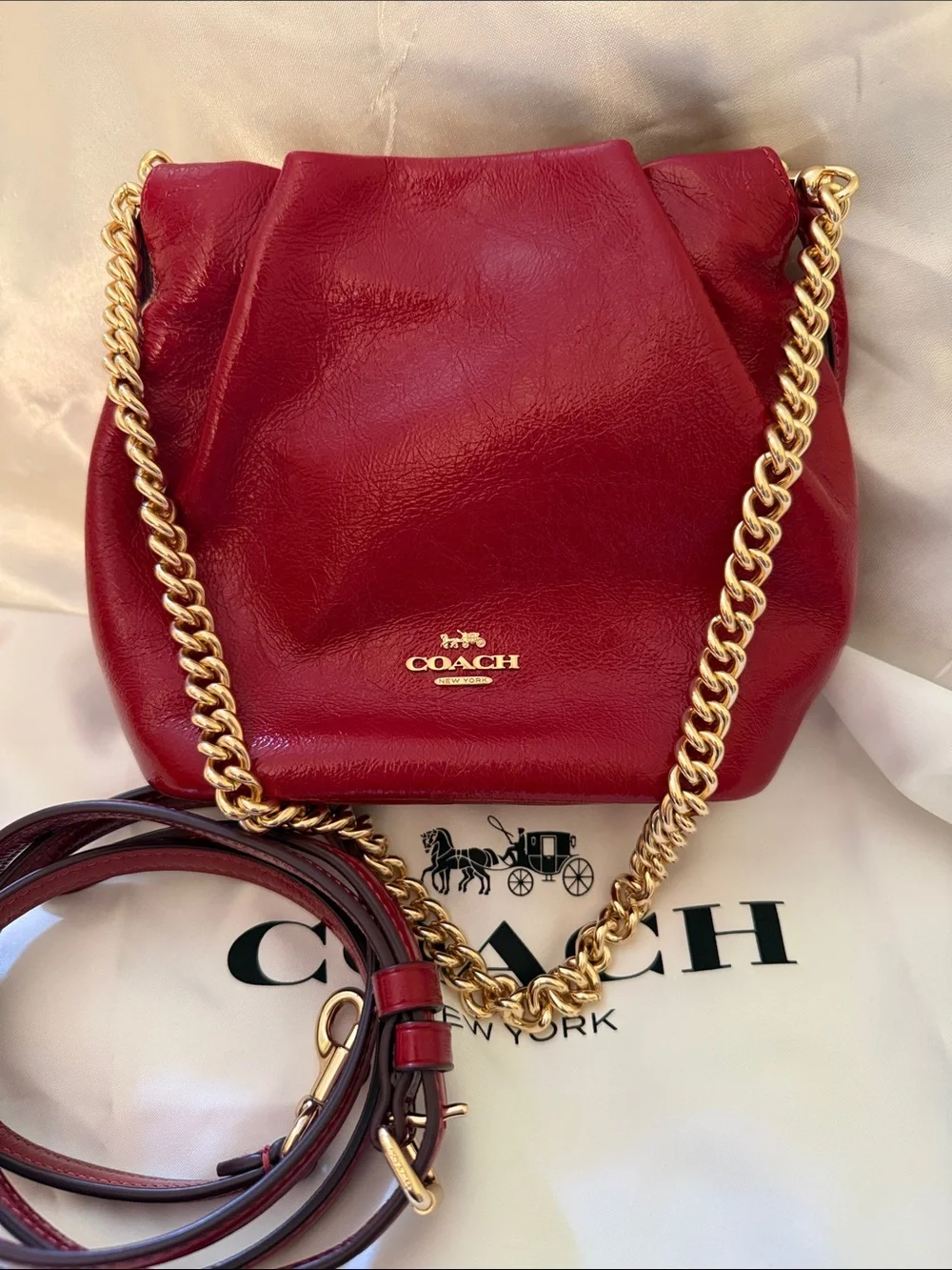 ❤️COACH NWT Mini Faye Cardinal Red Crinkle Cut Leather Drawstring Bag/Gold Chain